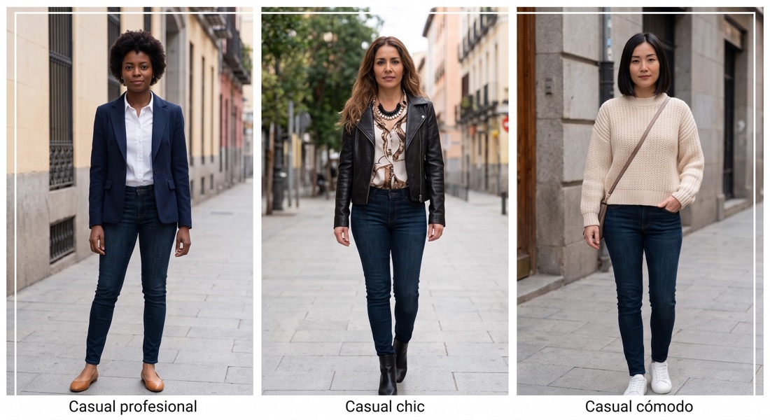 Tres looks distintos con los mismos jeans oscuros